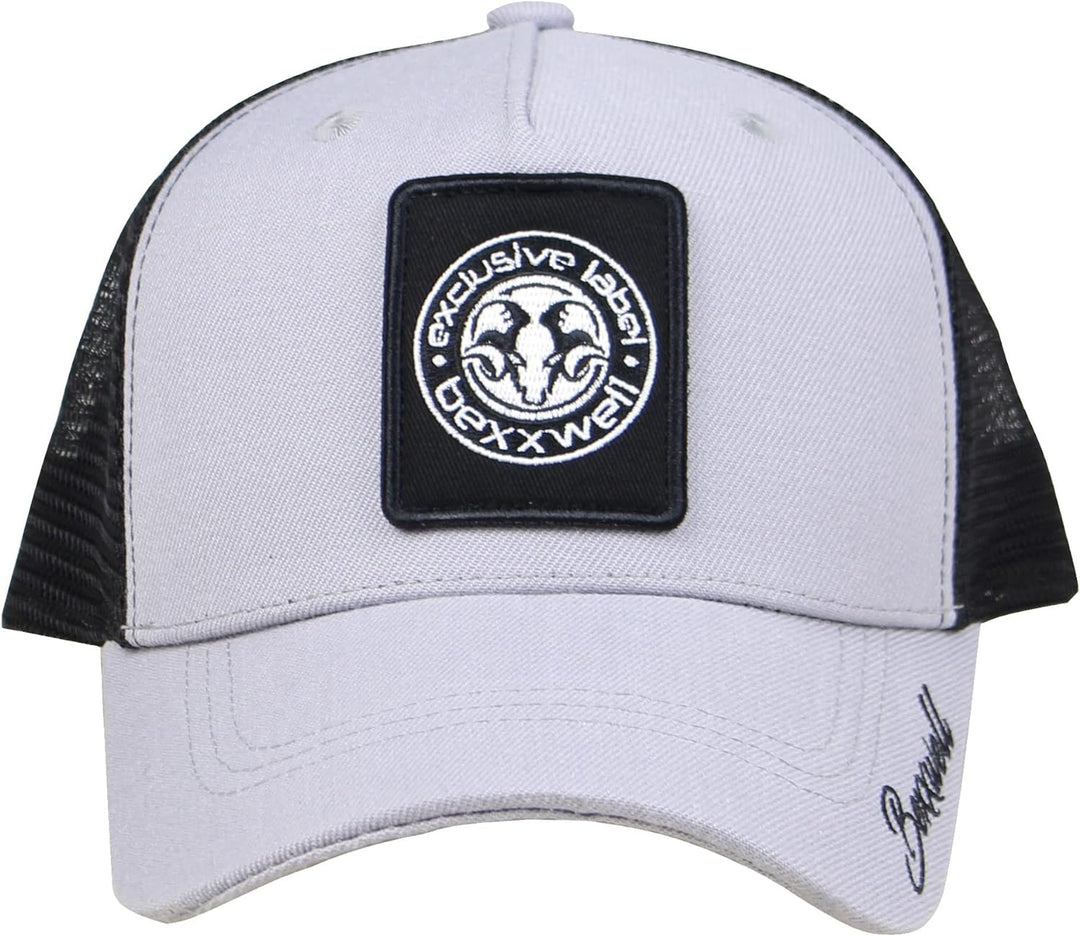 Bexxwell Trucker Cap hellgrau/schwarz mit Logo-Patch (optimale Passform, Kappe, grau, Black, Trucker