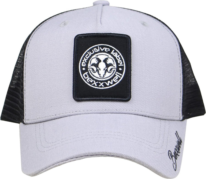 Bexxwell Trucker Cap hellgrau/schwarz mit Logo-Patch (optimale Passform, Kappe, grau, Black, Trucker