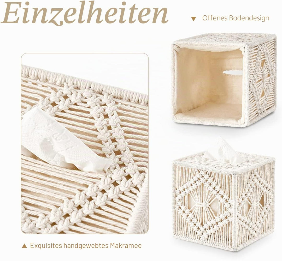 Mkono Makramee Taschentuchbox, quadratisch, offener Boden, böhmische Dekoration, Taschentuchbox, Boh
