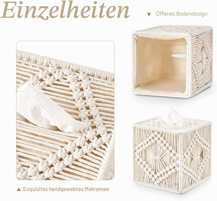 Mkono Makramee Taschentuchbox, quadratisch, offener Boden, böhmische Dekoration, Taschentuchbox, Boh