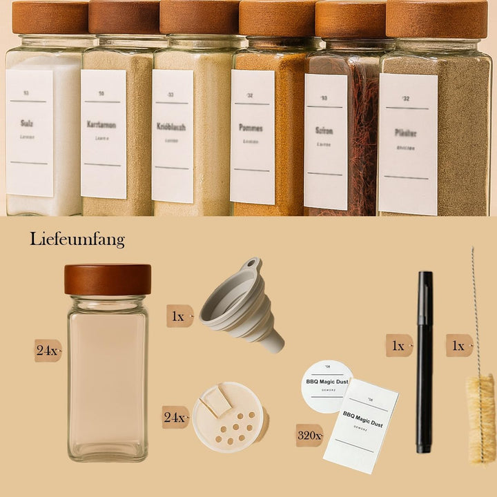 Gewürzgläser mit Streueinsatz [24x 120ml] + 320 Wasserfeste Label - Luftdichte Gewürzgläser eckig -