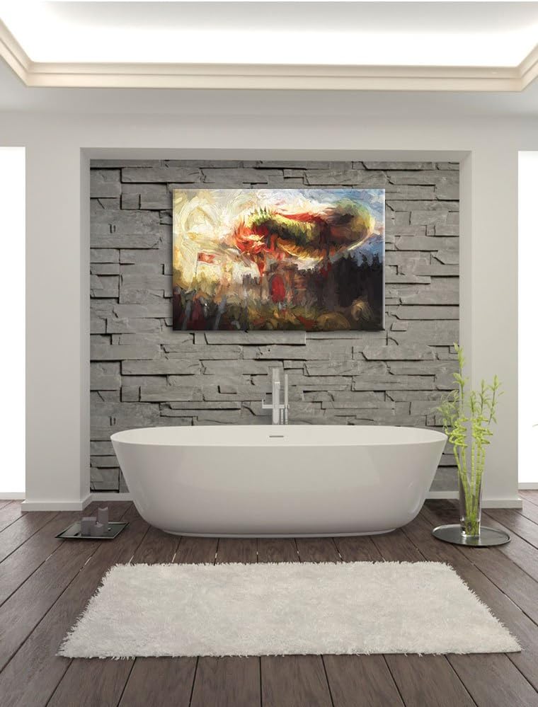 Pixxprint Drache über der Festung / 100x70cm Leinwandbild bespannt auf Holzrahmen/Wandbild Kunstdruc