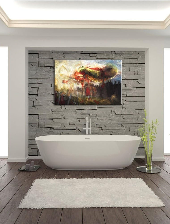 Pixxprint Drache über der Festung / 100x70cm Leinwandbild bespannt auf Holzrahmen/Wandbild Kunstdruc