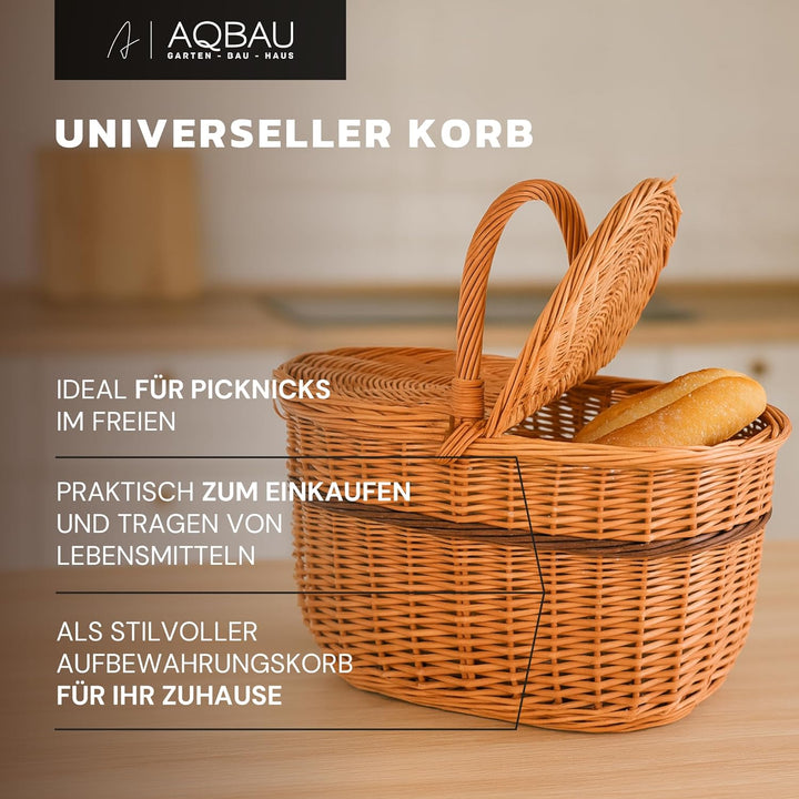 Picknickkorb mit Deckel 40 cm – Einkaufskorb Weide mit Henkel & Stoffeinlage (3 Designs) – Weidenkor