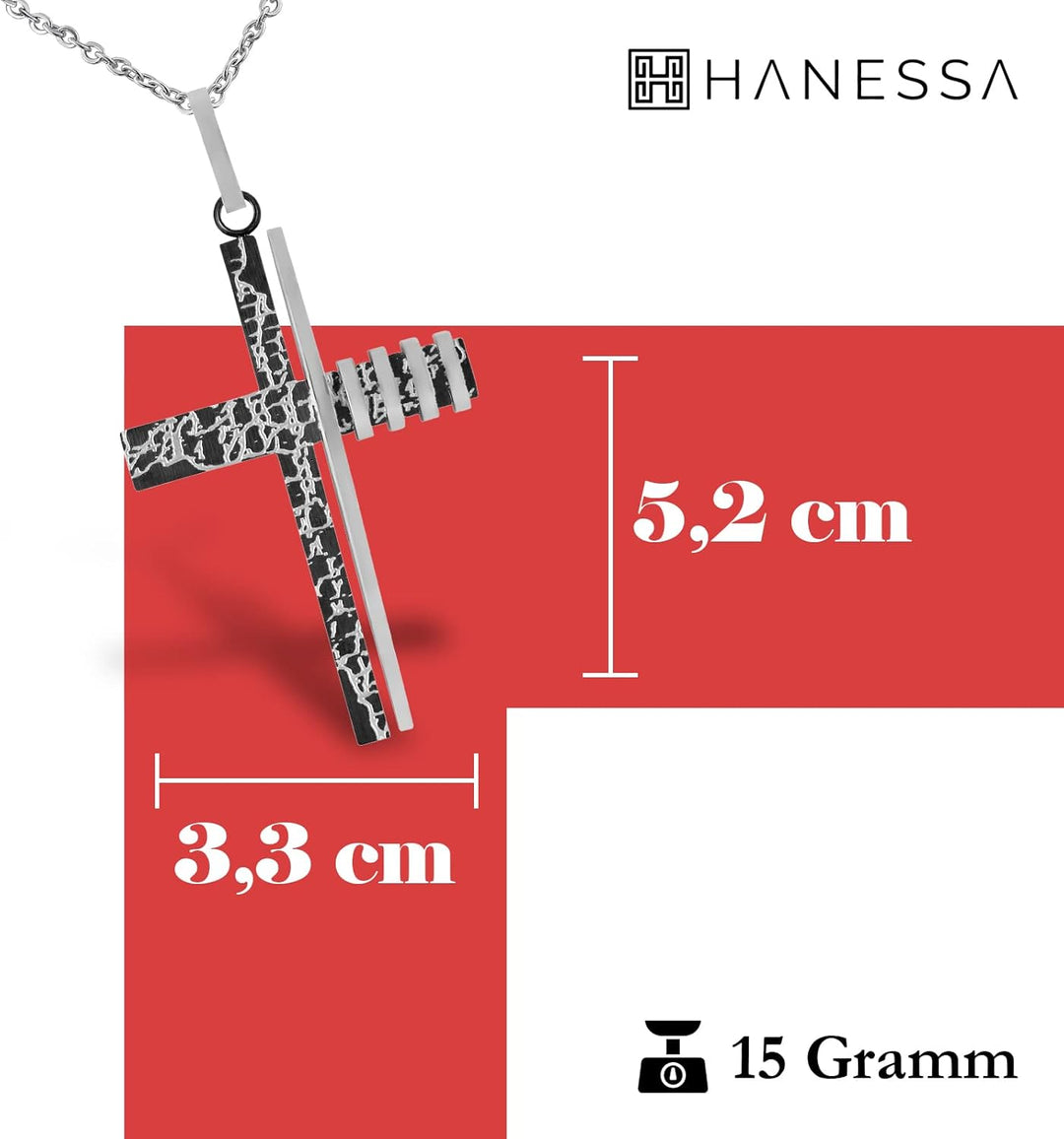 Hanessa Personalisierte Kette mit Gravur Edelstahl 45-60 cm mit Anhänger Kreuz schwarz und silber -
