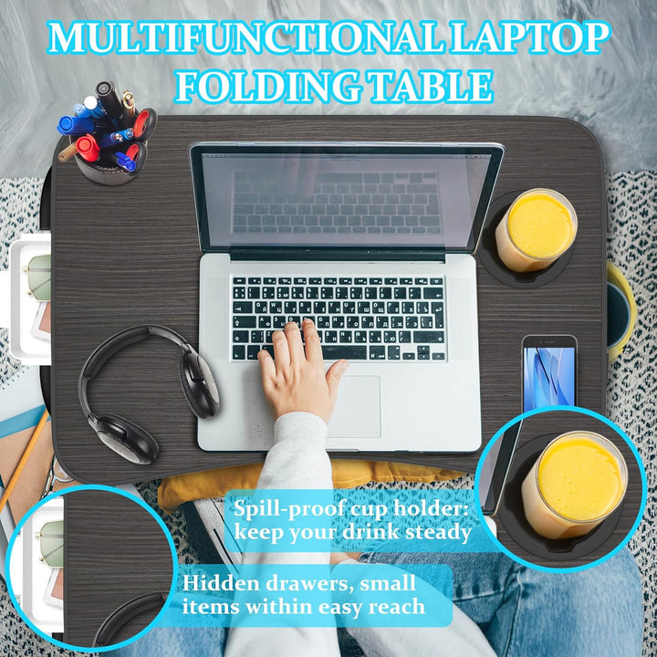 Soontrans Laptoptisch, 60 x 40 x 28 cm, Laptop Tisch mit Tablethalter, Schublade, Getränkehalter, Be