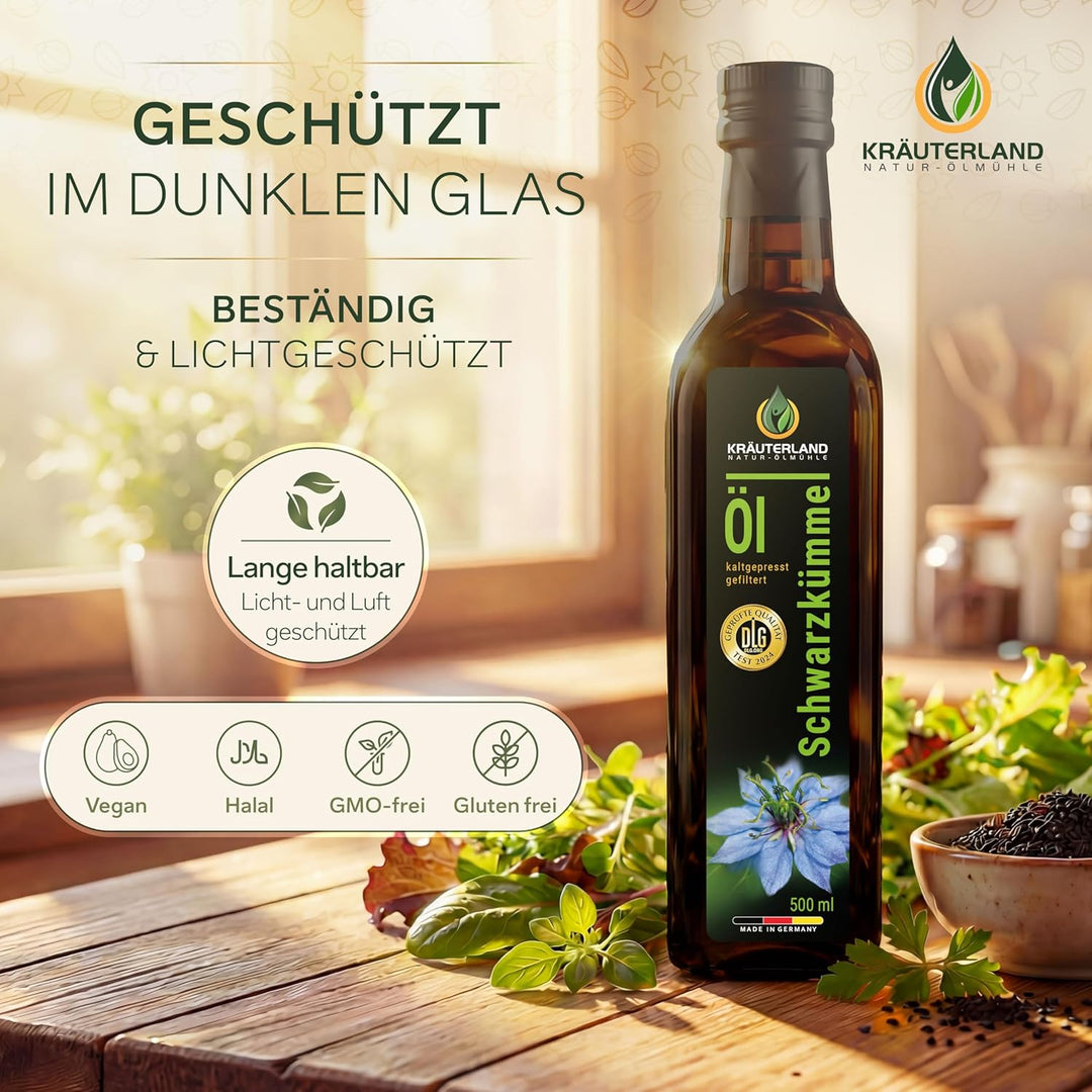 Kräuterland Schwarzkümmelöl 500ml, gefiltert, 100% Nigella Sativa, ohne Zusatz von Aromen-, Farb- &