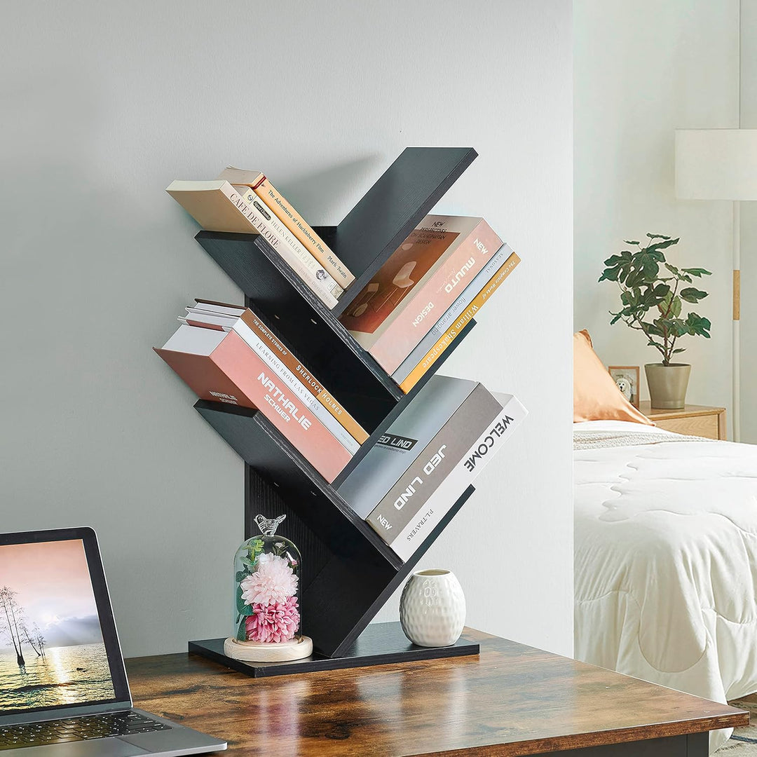 Hoctieon Bücherregal Baumform, Standregal mit 4 Ebenen, Bookshelf Bookcase Holz Eckregal Stehend für