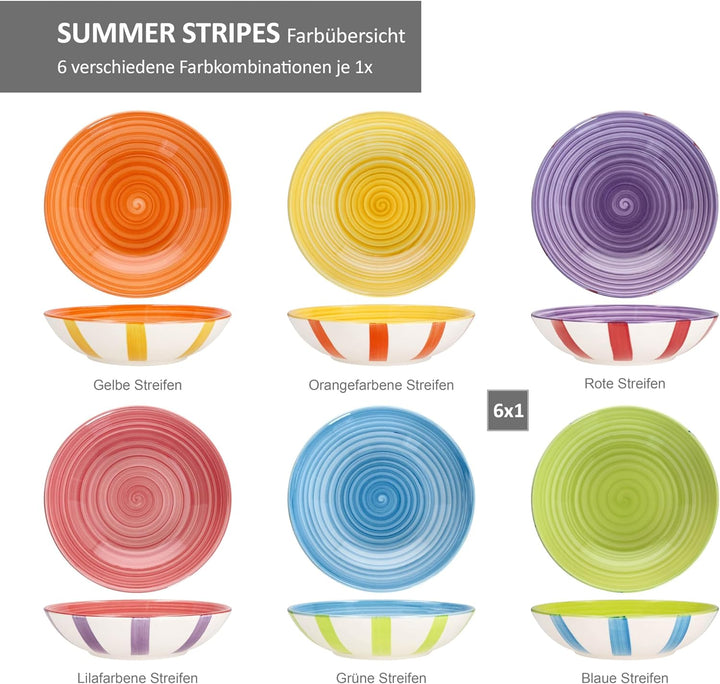 MamboCat Summer Stripes 6er Set Suppenteller I 600ml I Steingut-Teller mit bunten Streifen für 6 Per