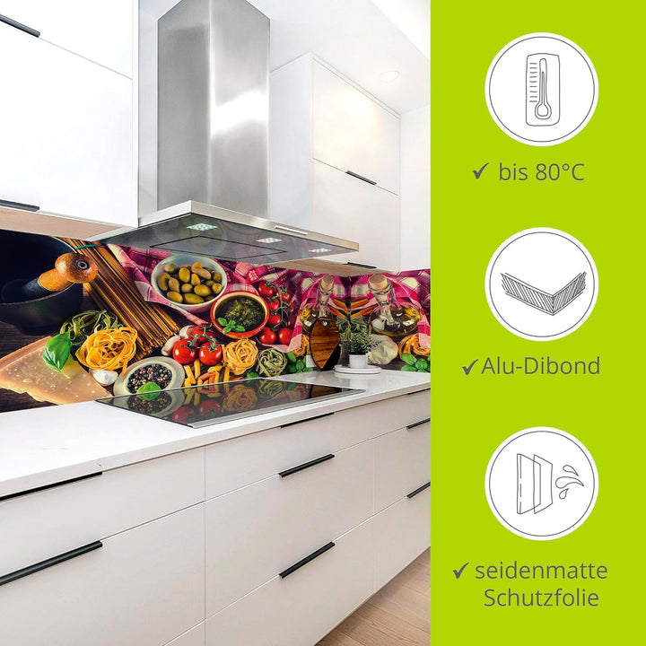ARTland Spritzschutz Küche aus Alu für Herd Spüle 80x60 cm (BxH) Küchenrückwand mit Motiv Essen Lebe