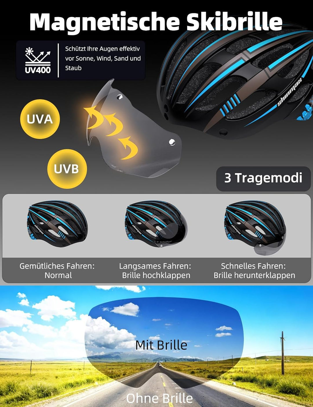 Shinmax Fahrradhelm Herren Damen mit Visier, Magnetischer Abnehmbarer Schutzbrille und USB-Aufladung