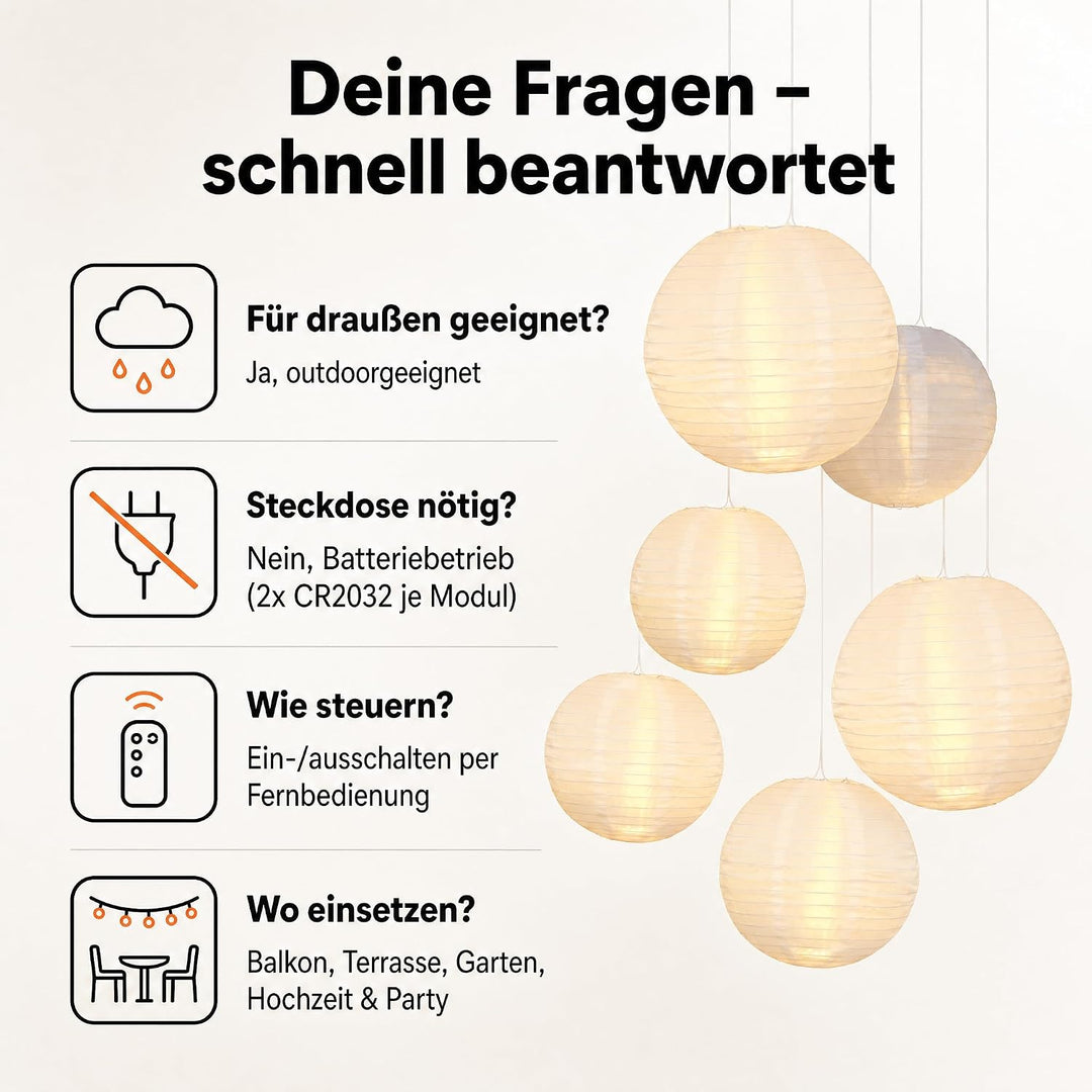 hellum LED Lampions aussen wetterfest, 5x LED für Lampions mit Fernbedienung, 5x 30cm weiss, Batteri