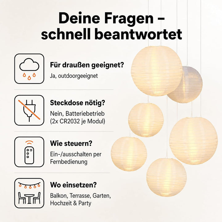 hellum LED Lampions aussen wetterfest, 5x LED für Lampions mit Fernbedienung, 5x 30cm weiss, Batteri