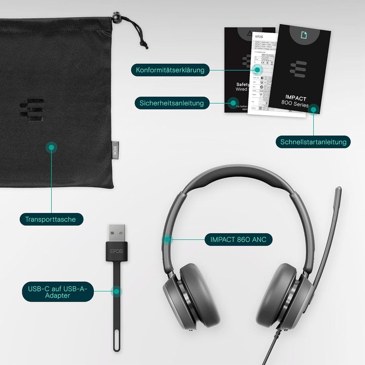 EPOS IMPACT 860 ANC Doppelseitiges USB C und USB A Headset mit Aktiver Geräuschunterdrückung,Super W