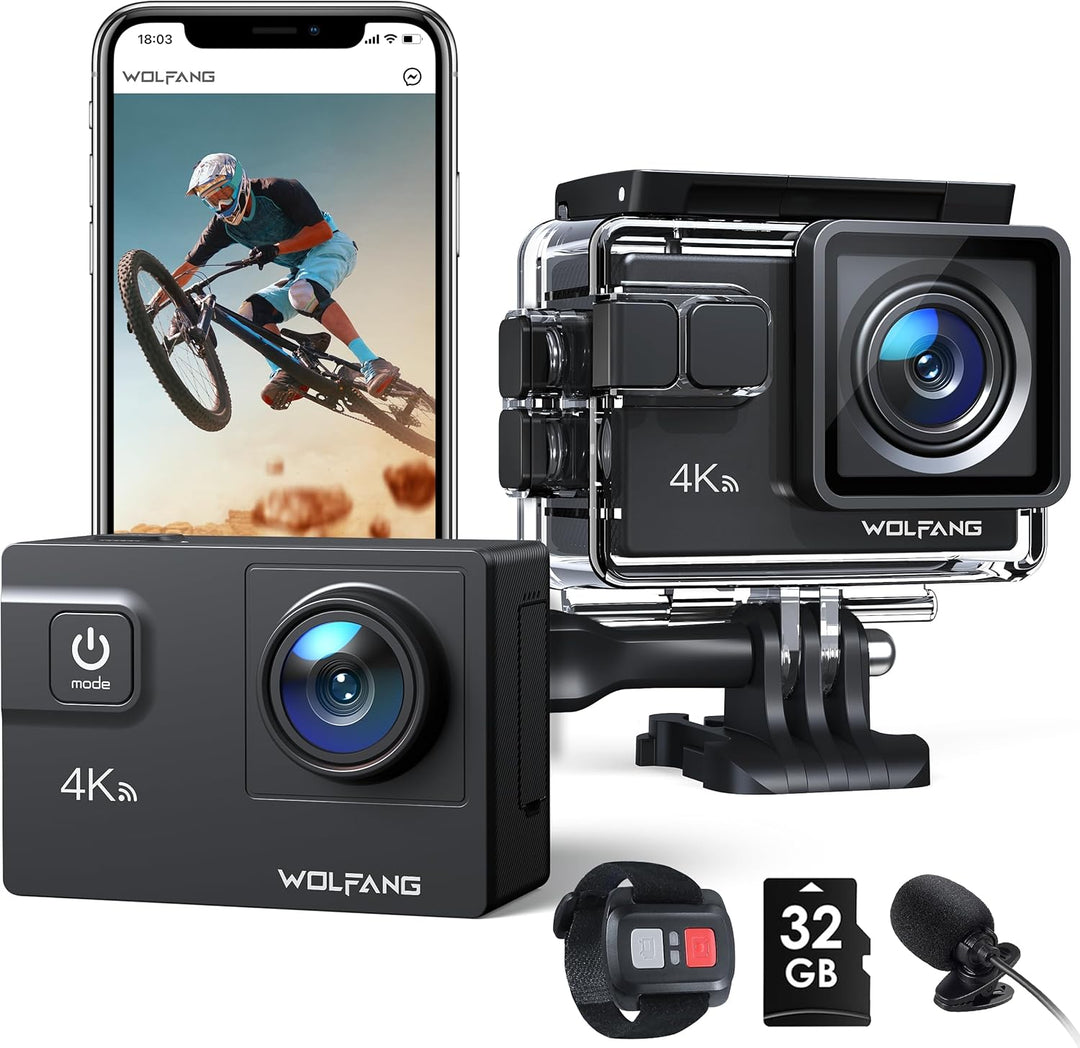 WOLFANG Action Cam,WiFi 4K 60 FPS Neue GA300 Actionkamera,8xZoom 24MP,Unterwasserkamera 40 Meter mi,