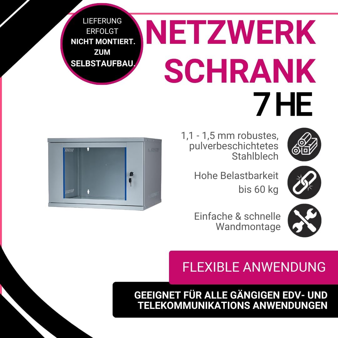 Netzwerkschrank 19 Zoll 7 HE I 400 mm Tiefe I Serverschrank Grau I Wandmontage I abschliessbare Glas