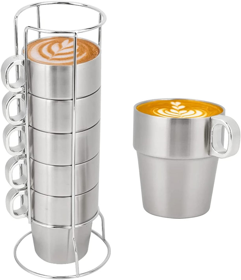 6er Set Edelstahl Kaffeetassen stapelbar, Edelstahl Teetassen mit Griff Metall Bierbecher Trinkbeche