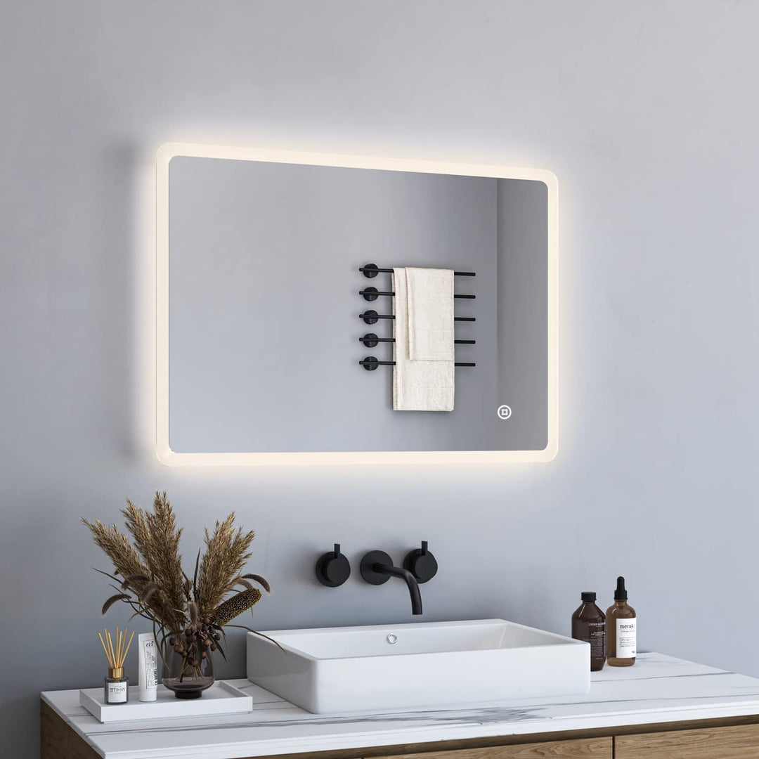 BD-Baode Badspiegel mit Beleuchtung 40x60cm,LED Badspiegel mit Uhr Badezimmerspiegel Touchschalter D