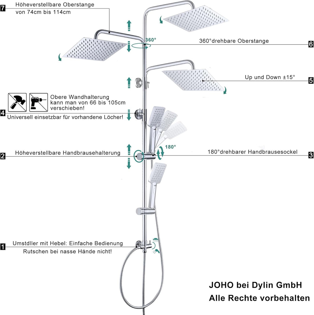 JOHO Duschset ohne Armatur, Chrom Duschstangeset Duschsäuleset, Regendusche Duschsystem mit Duschkop
