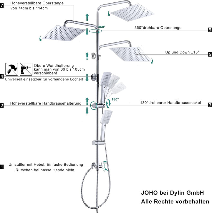JOHO Duschset ohne Armatur, Chrom Duschstangeset Duschsäuleset, Regendusche Duschsystem mit Duschkop