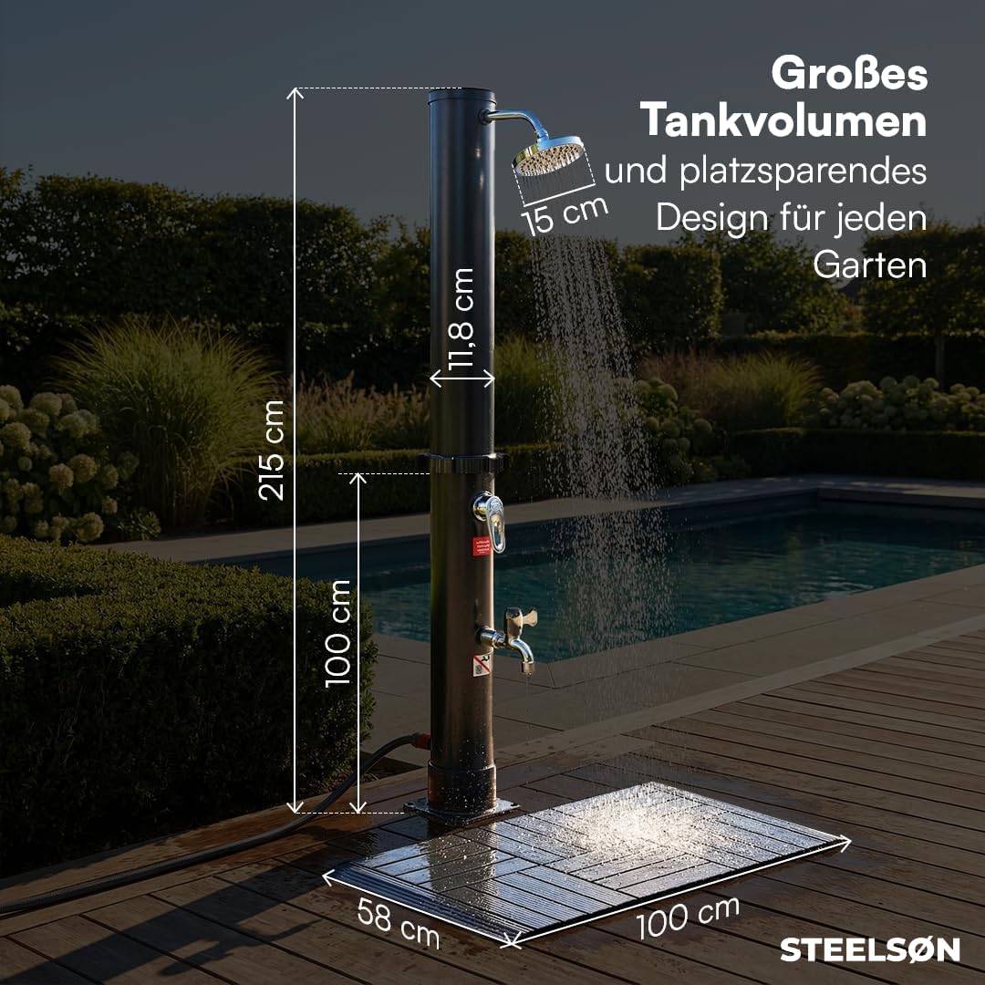 STEELSØN Velion Solardusche Garten 20 L – Solar Gartendusche mit Bodenplatte – Aussendusche schwarz
