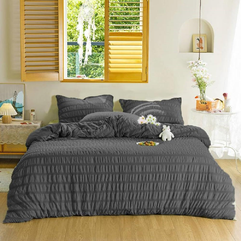 Bettwäsche Seersucker 135 x 200 Dunkelgrau Grau Sommer Uni Graue Bettwäsche Set Microfaser Atmungsak