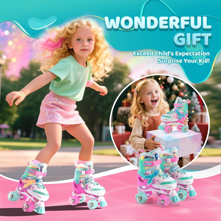NEMONE Rollschuhe für Mädchen Kinder 4 Grössen Verstellbar Blau Violett Rollschuhe für Kinder Drinne