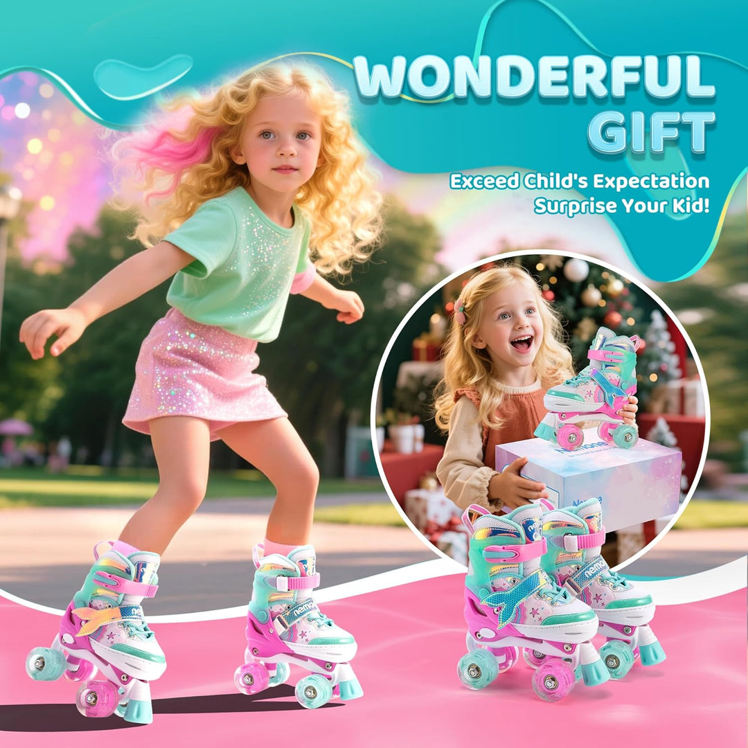 NEMONE Rollschuhe für Mädchen Kinder 4 Grössen Verstellbar Blau Violett Rollschuhe für Kinder Drinne