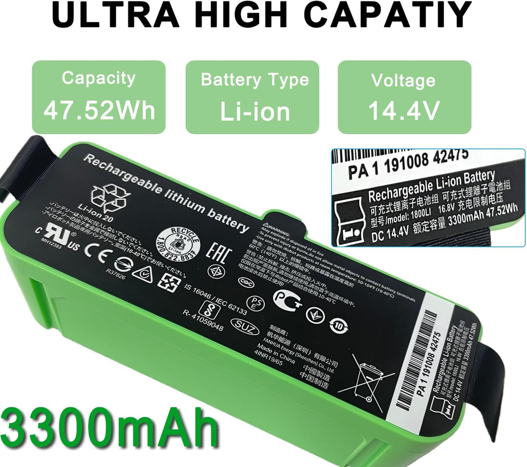 XITAIAN 3300mAh 14,4V 47,52Wh Akku Ersatz 4376392 1800LI Kompatibel mit iRobot Roomba 980 966 965 96