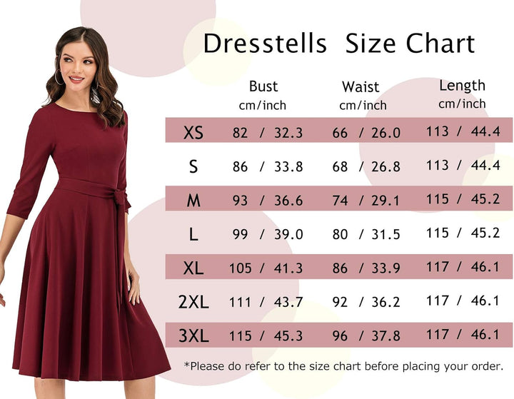DRESSTELLS Damen 1950s Retro Vintage Rockabilly Kleid Festliches Partykleider Knielang 3/4 Arm Ballk