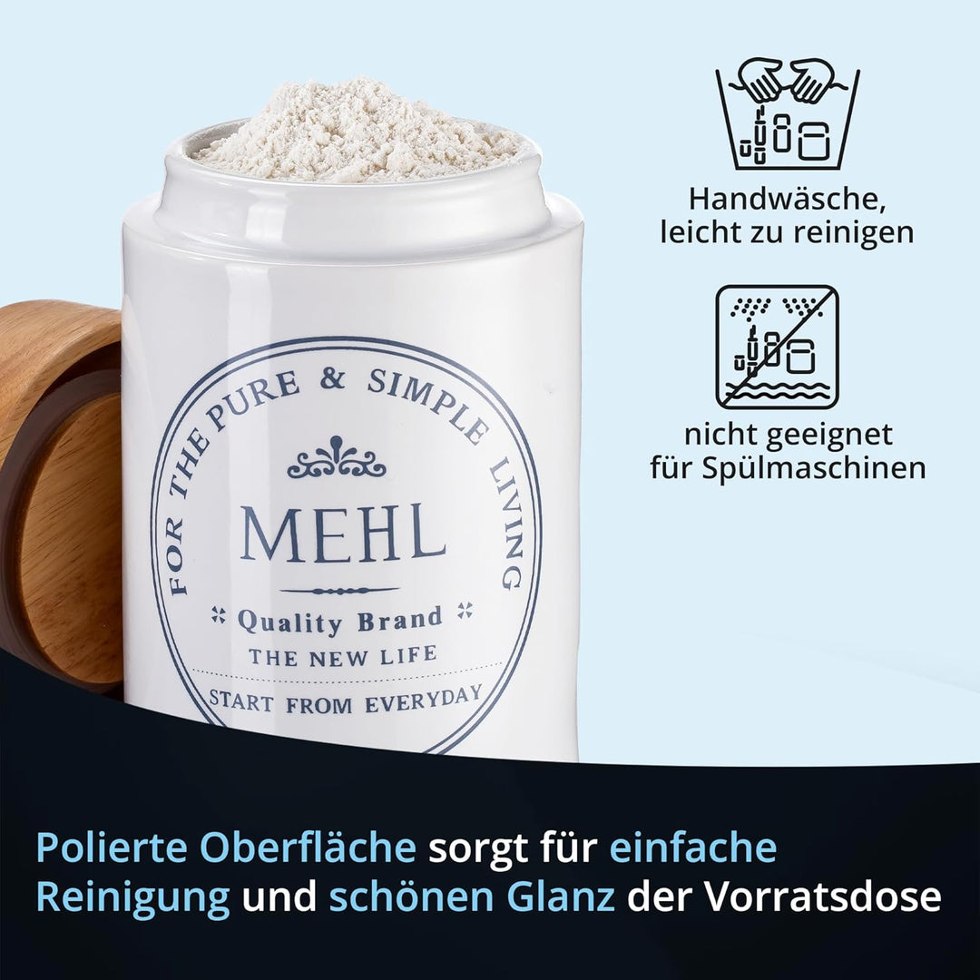KHG Mehldose luftdicht, Mehl Aufbewahrung Keramik Steingut Weiss Holzdeckel Bambus, Kapazität 500g,