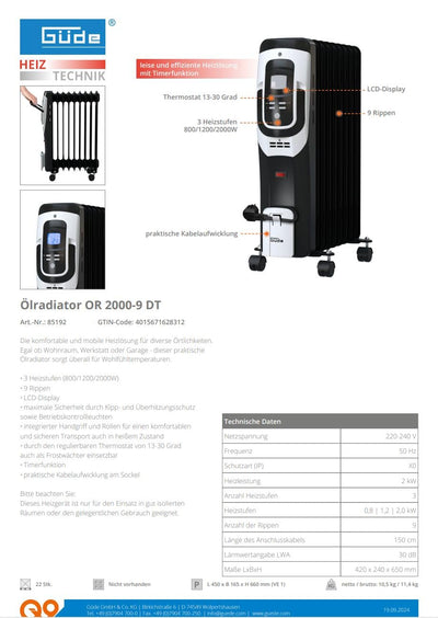 Güde Ölradiator OR 2000-9 DT (220-240 V, 2000 W Heizleistung, 3 Heizstufen (800/1200/2000 W), LCD-Di