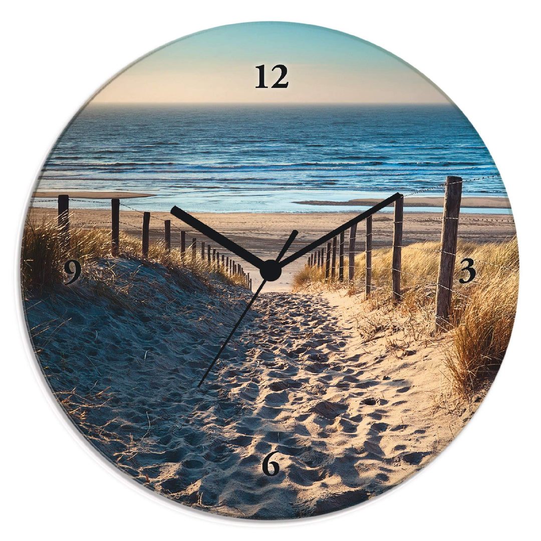 ARTLAND Wanduhr ohne Tickgeräusche Glas Funkuhr Ø 30 cm Rund Lautlos Strand Meer Düne Nordsee Urlaub