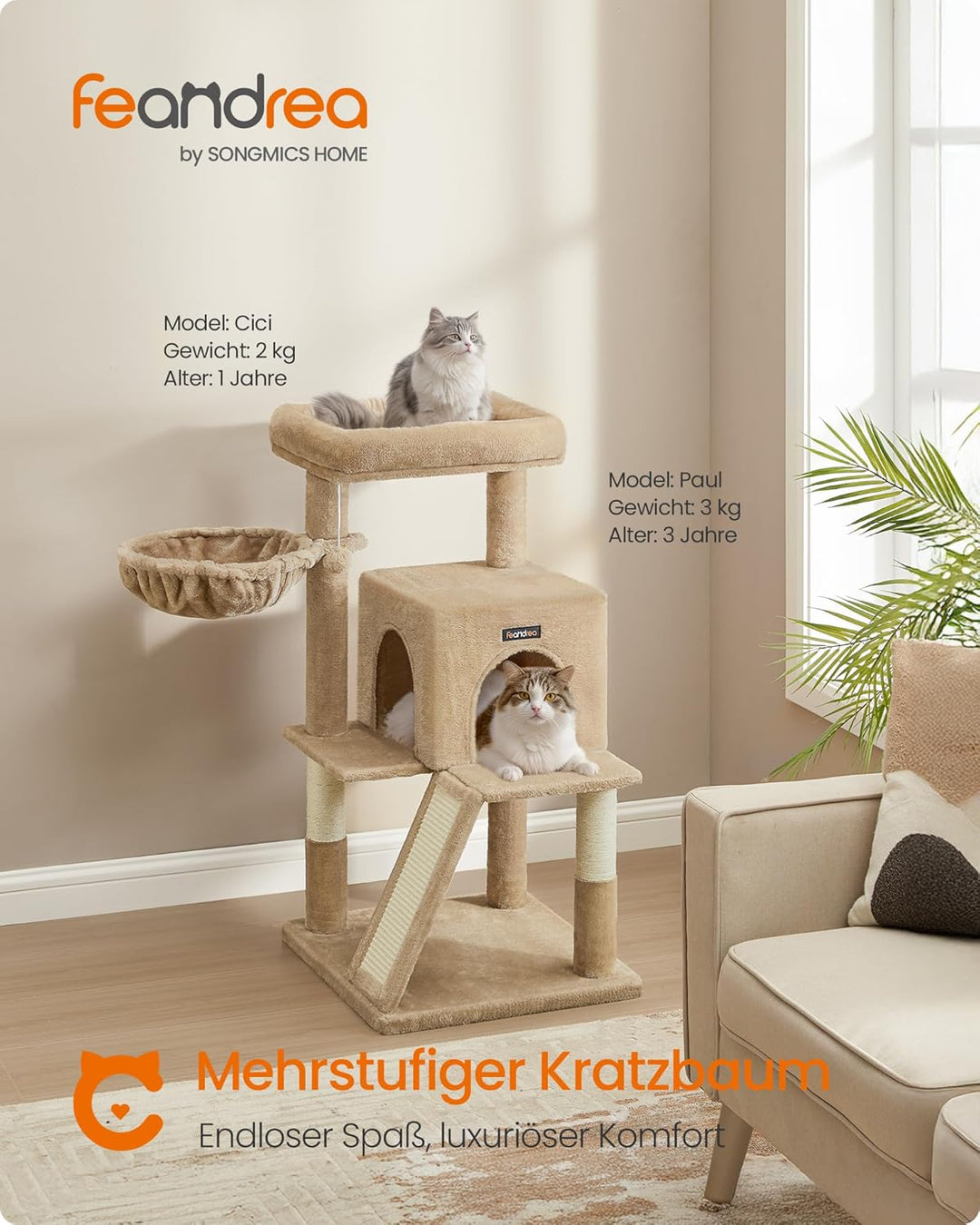 Feandrea Kratzbaum, 96 cm hoch, Katzenbaum mit grosser Plattform, Katzenkratzbaum mit Katzenhöhle, H
