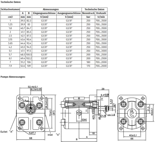 HYDROMOT Hydraulikpumpe, Zahnradpumpe, BG 1, europ. Flansch, Gewindeanschluss, kon. Welle 1:8, Schlu