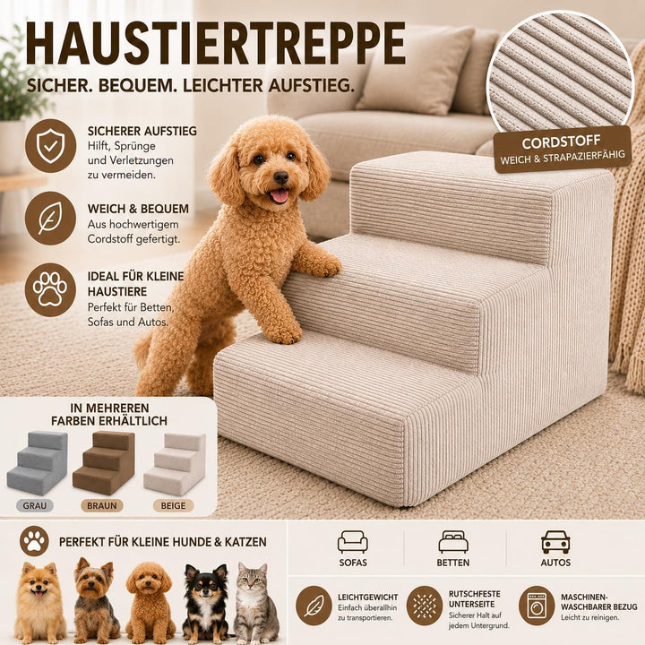Muralo Hundetreppe 3 Stufen für Kleine Hunde und Katzen, Waschbar - Grau | Rutschfeste Haustiertrepp