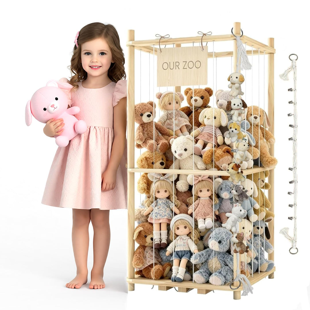 JINDUN Kuscheltier Aufbewahrung Aus Holz, 95cm Höhe Aufbewahrung Kuscheltiere, mit Stofftier Aufbewa
