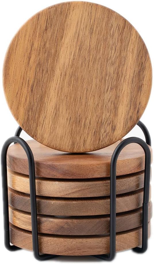 Untersetzer Gläser Holz 6er Set, Glasuntersetzer aus Akazienholz mit Halter, Holz untersetzer Rund,