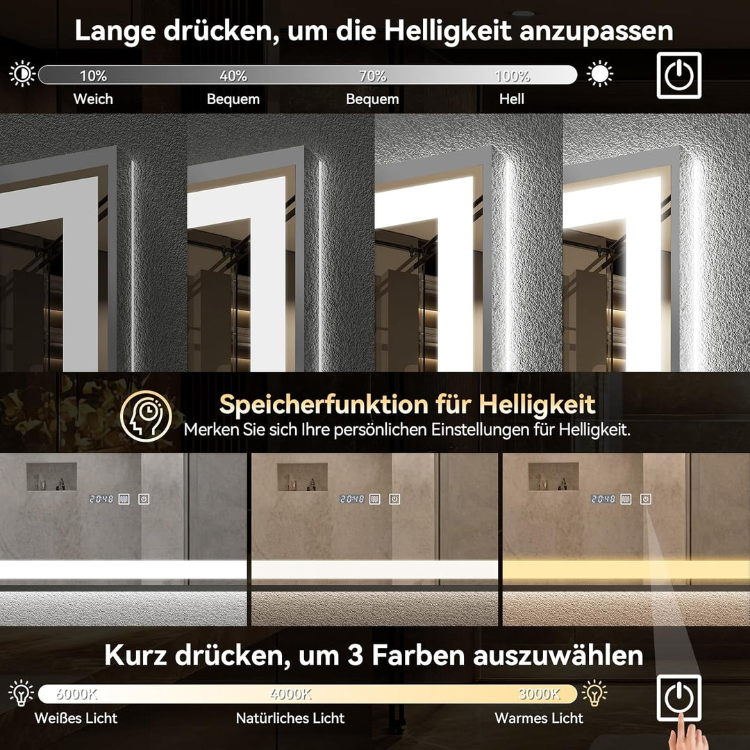 YU YUSING Badspiegel mit Beleuchtung 100x80cm Badezimmerspiegel mit Beschlagfrei 3 Lichtfarbe Dimmba