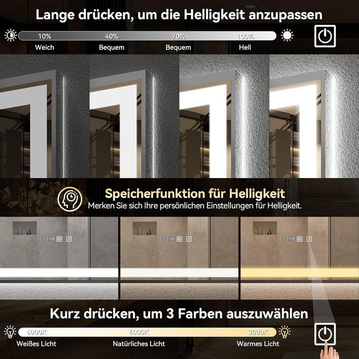 YU YUSING Badspiegel mit Beleuchtung 100x80cm Badezimmerspiegel mit Beschlagfrei 3 Lichtfarbe Dimmba