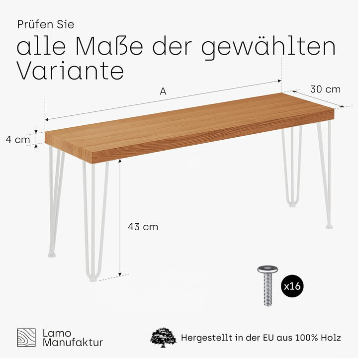 LAMO Manufaktur Sitzbank Esszimmer Holzbank Bettbank 30x60x47 cm, Möbelfüsse Creative Weiss/Rustikal