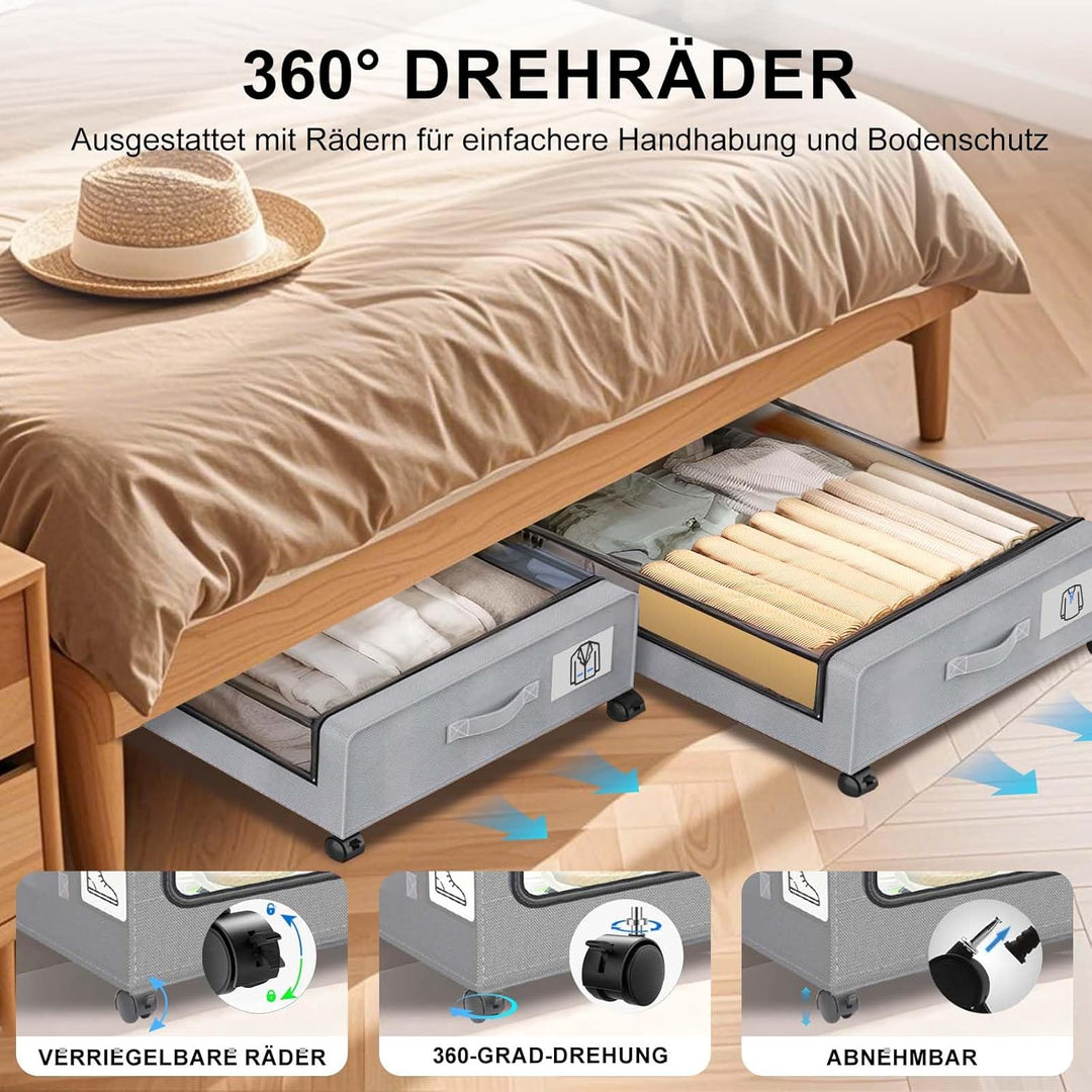 2 Stück Unterbett Aufbewahrungsbox mit Rollen und Deckel, Unterbettkommode mit klaren Deckeln & Etik