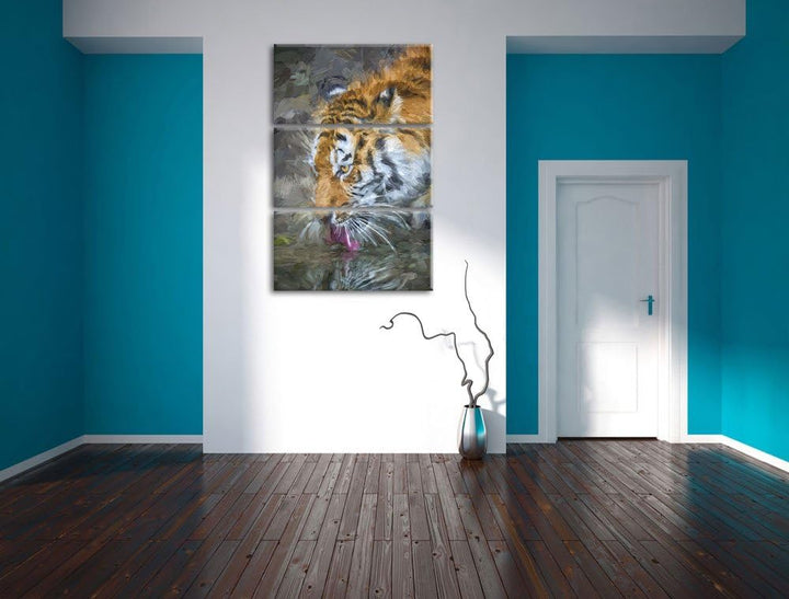 Tiger am Wasser Spezial 3-Teiler Leinwandbild 120x80 Bild auf Leinwand, XXL riesige Bilder fertig ge