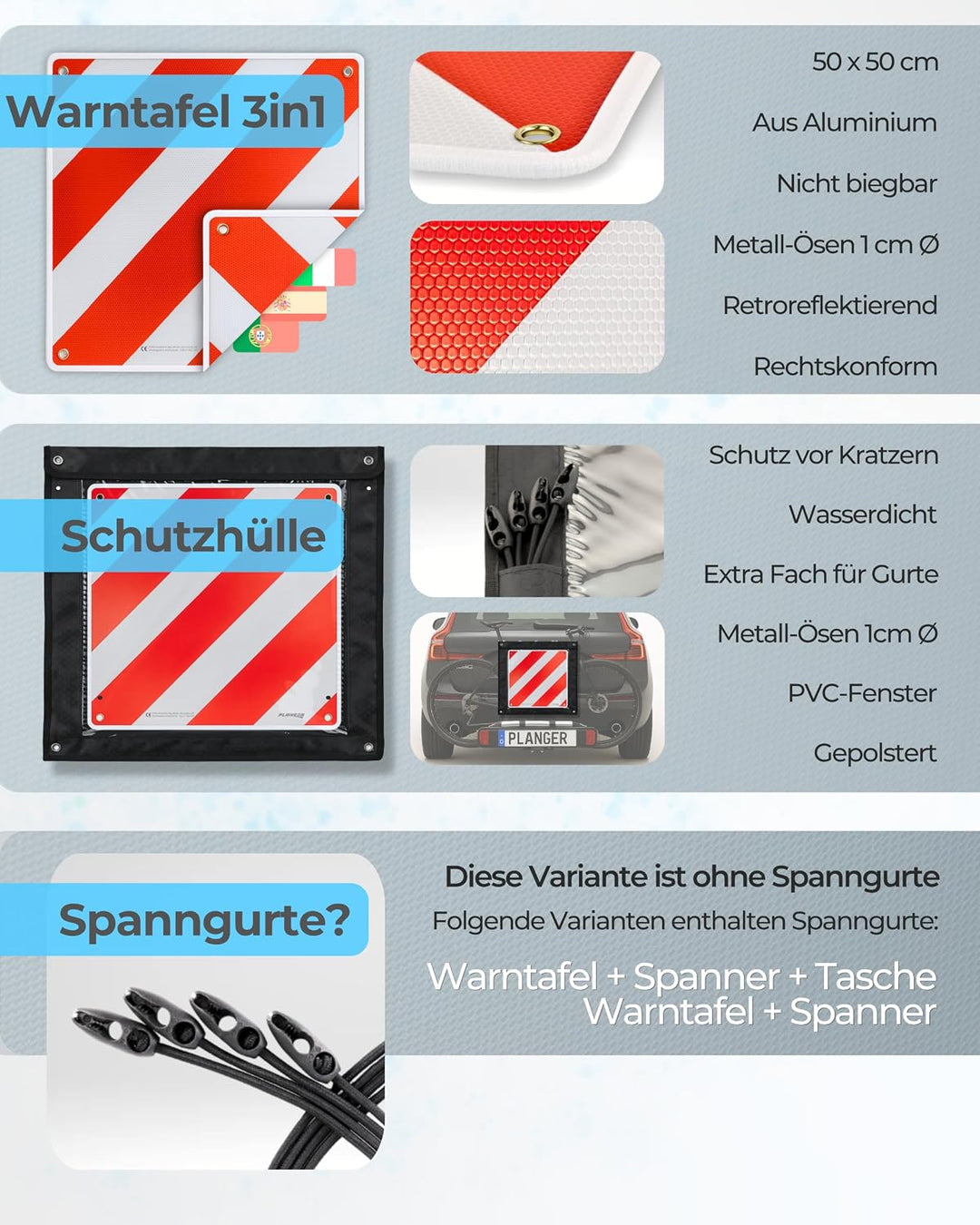 PLANGER® - Warntafel Italien und Spanien + Tasche 2in1 (50 x 50 cm) - Reflektierendes Warnschild rot