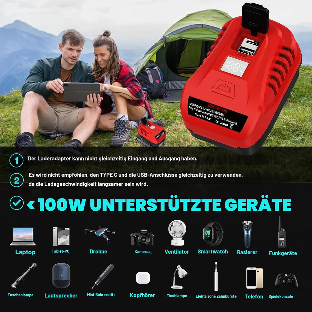 【Verbessert】 100W für Einhell PXC 18V Akku Ladegerät Adapter, TEPULAS USB Handyladegerät Stromquelle