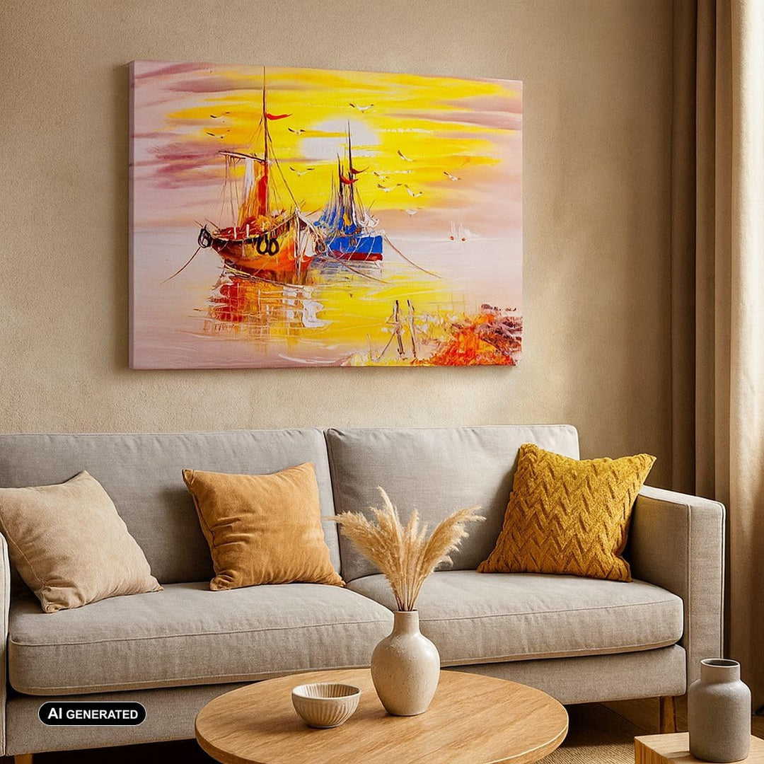 ARTTOR Bilder auf Leinwand Boote Sonne Meer Reisen Leinwandbild 70x50cm Wandbilder Dekoration Wohnzi