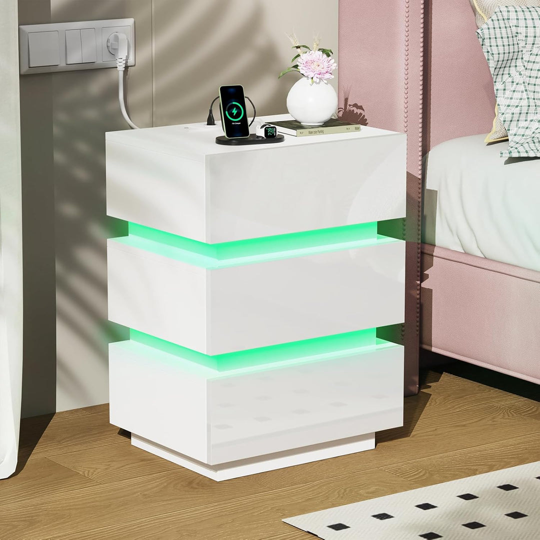 PIPIPOXER LED Nachttisch 2er Set mit Steckdose & USB, Nachttisch Weiss Hochglanz mit 3 Schubladen, N