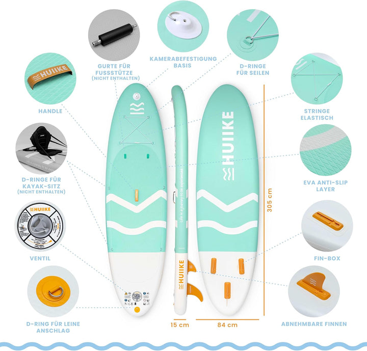 HUIIKE Stand Up Paddling Board mit Zubehör, Paddel, Finnen, Leash, Pumpe, Rucksack. SUP-Board Aufbla