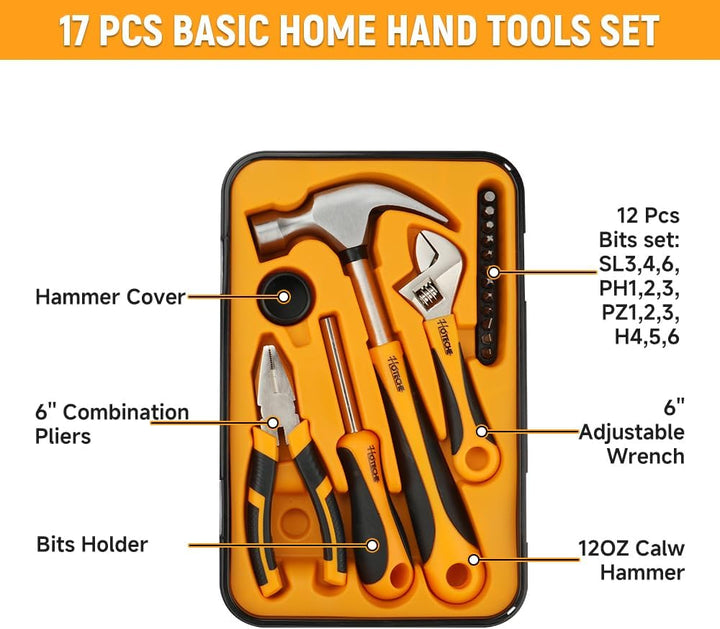 Handwerkzeug Set 17-teilig mit Hammer, Zange, Schraubendreher, verstellbarem Schraubenschlüssel, Bit