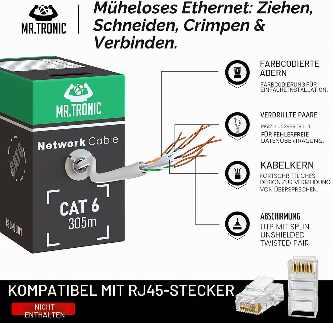 Mr. Tronic 305m Ethernet Netzwerkkabel Cat 6, LAN Netzwerkkabel Für Schnelle &amp; Zuverlässige Internet